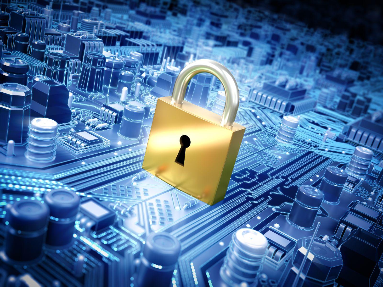 Padlock on a circuit board, representing data protection